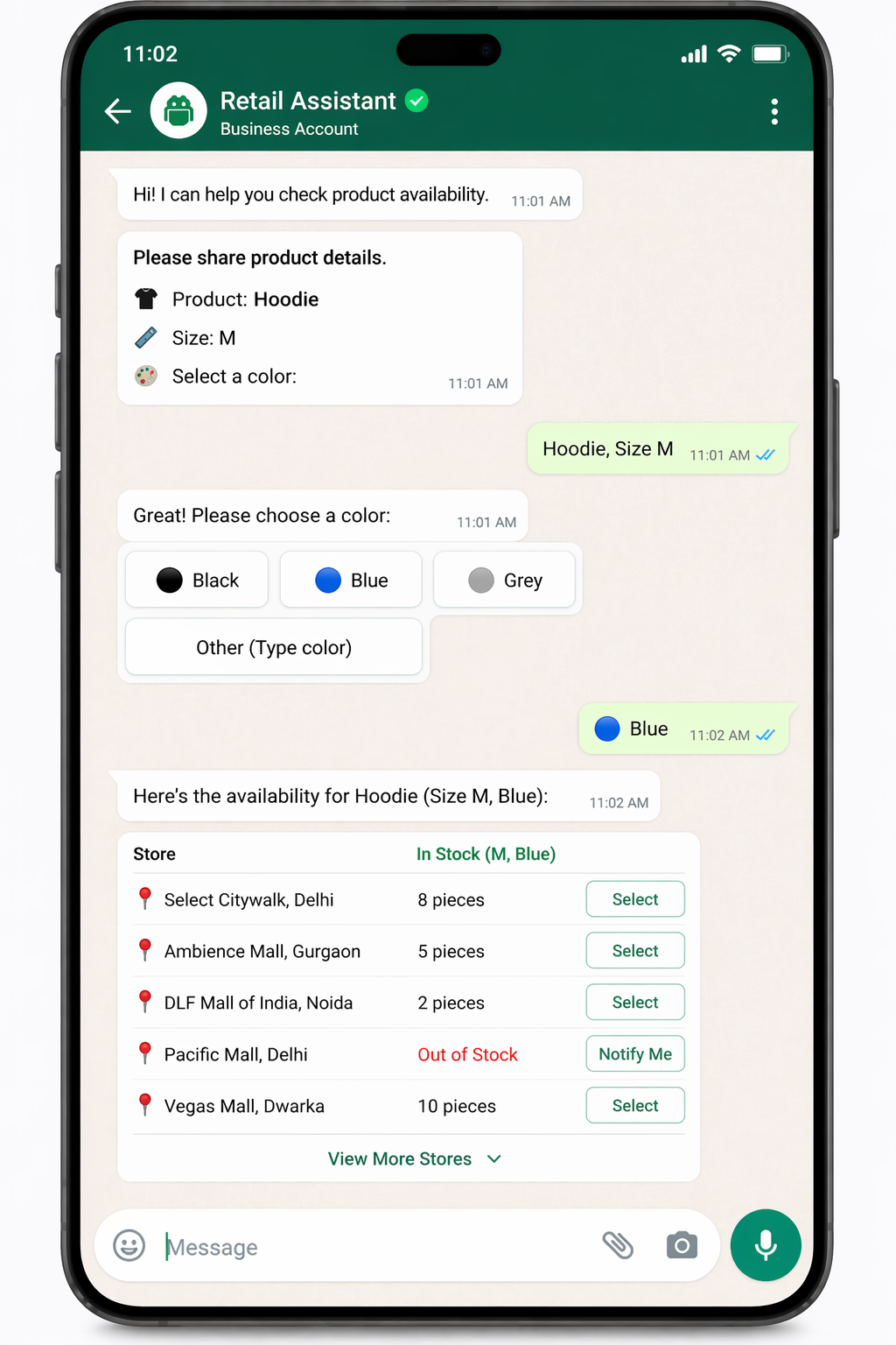 whatsapp chatbot-Color-specific availability