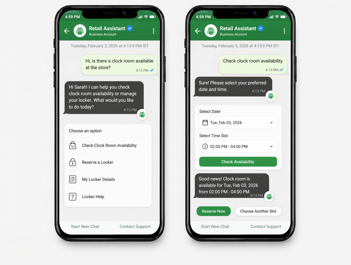 whatsapp chatbot-cloak room avalaibility